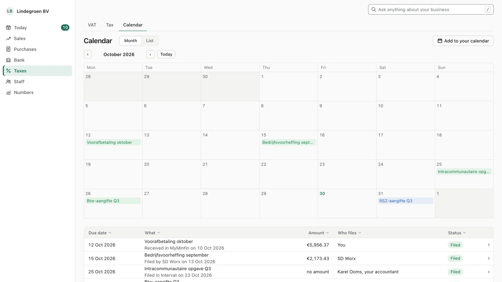 Calendar · Example · Lindegroen BV